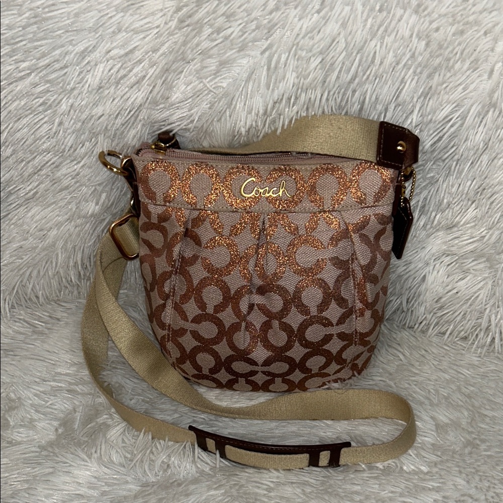 Coach OP Art Crossbody Jacquard metallic bronze and rose gold